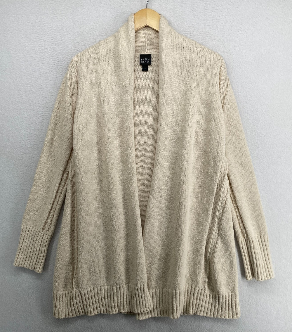 EILEEN FISHER Sweater S Cotton Silk Chunky Cardigan Draped Open Front Bone White
